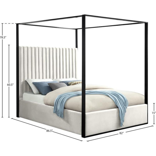 JaxCream-K Jax Collection Modern | Contemporary Velvet Upholstered King Bed, Cream Velvet, Deep Channel Tufting, Matte Black Steel Canopy, 82" W x 86.5" D x 78.5" H, Cream, King