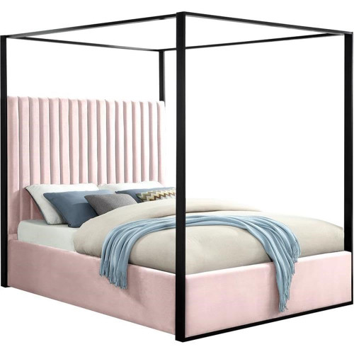 JaxPink-K Jax Collection Modern | Contemporary Velvet Upholstered King Bed, Pink Velvet, Deep Channel Tufting, Matte Black Steel Canopy, 82" W x 86.5" D x 78.5" H, Pink, King