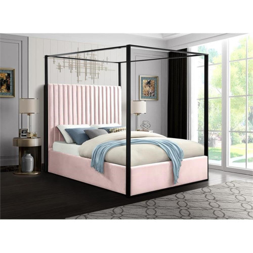 JaxPink-K Jax Collection Modern | Contemporary Velvet Upholstered King Bed, Pink Velvet, Deep Channel Tufting, Matte Black Steel Canopy, 82" W x 86.5" D x 78.5" H, Pink, King