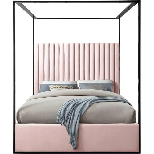 JaxPink-K Jax Collection Modern | Contemporary Velvet Upholstered King Bed, Pink Velvet, Deep Channel Tufting, Matte Black Steel Canopy, 82" W x 86.5" D x 78.5" H, Pink, King