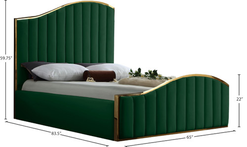 Jolie Collection Modern | Contemporary Velvet Upholstered Bed With Channel Tufting, And Polished Gold Metal Frame, Green, Queen