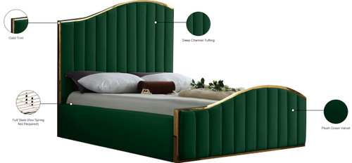 Jolie Collection Modern | Contemporary Velvet Upholstered Bed With Channel Tufting, And Polished Gold Metal Frame, Green, Queen