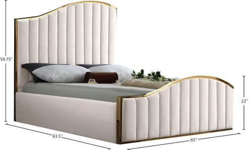Jolie Collection Modern | Contemporary Velvet Upholstered Bed With Channel Tufting, And Polished Gold Metal Frame, Cream, Queen