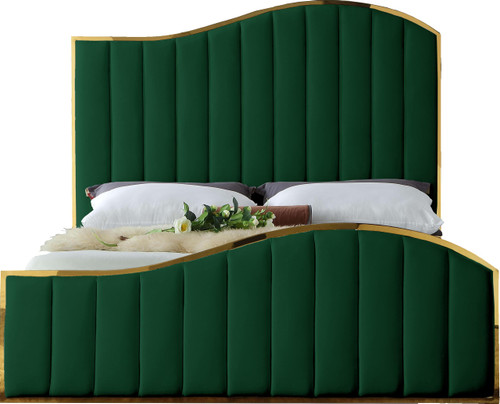 Jolie Collection Modern | Contemporary Velvet Upholstered Bed With Channel Tufting, And Polished Gold Metal Frame, Green, King