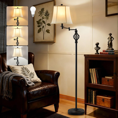 Color Temperature Adjustable Floor lamp, Traditional 350° Adjustable Swing Arm Floor Lamp Vintage Pole lamp Farmhouse Lamp for Living Rooms & Offices, Rustic Standing Lamp for Bedroom Reading