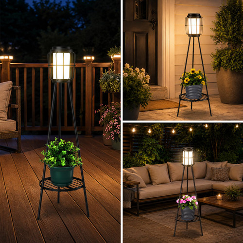 2 Pack Solar Lights with Plant Stand, Outdoor Floor Lamps, Waterproof Solar Powered Floor Lamps for Patio Deck Porch Yard Garden Decor