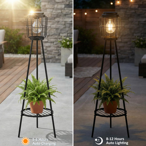 Solar Lights with Plant Stand, Outdoor Floor Lamp, Waterproof Solar LED Edison Bulb Light Flower Shelf for Patio Porch Deck Yard Garden Decor-1 Pack