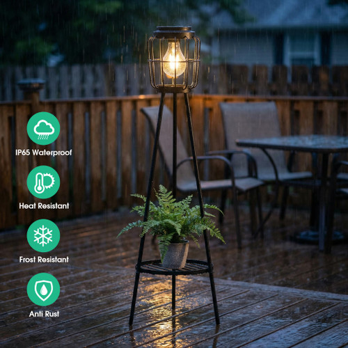Solar Lights with Plant Stand, Outdoor Floor Lamp, Waterproof Solar LED Edison Bulb Light Flower Shelf for Patio Porch Deck Yard Garden Decor-1 Pack
