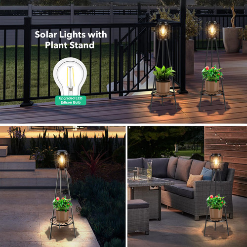 Solar Lights with Plant Stand, Outdoor Floor Lamp, Waterproof Solar LED Edison Bulb Light Flower Shelf for Patio Porch Deck Yard Garden Decor-1 Pack