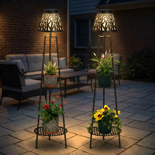 2 Pack Solar Floor Lamps Outdoor with 2-Tier Plant Stand, Metal Tall Planter Holder with Waterproof LED Lantern, Decorative Patio Light & Flower Pot Display Rack for Garden, Deck, Porch, Balcony