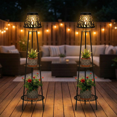 2 Pack Solar Floor Lamps Outdoor with 2-Tier Plant Stand, Metal Tall Planter Holder with Waterproof LED Lantern, Decorative Patio Light & Flower Pot Display Rack for Garden, Deck, Porch, Balcony