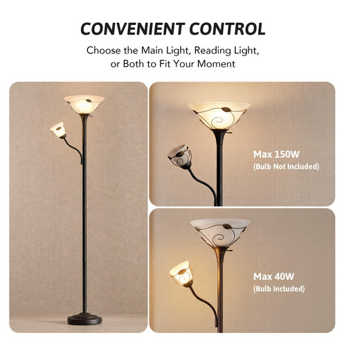 Torchiere Floor Lamp with Side Reading Light, 3-Way Switch Combo Antique Bronze Mother Daughter Floor Lamp with Glass Shade, 71" Desk Floor Lamp for Living Room Corner Bedroom Home Office