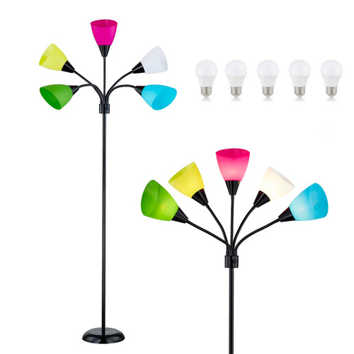 Medusa Modern Decor Floor Lamp, 5 Head Adjustable Gooseneck Lamps for Reading, Colorful Multiple Tall Standing Lamps for Living Room Bedroom Office Kids Classroom, Black, Bulbs Included