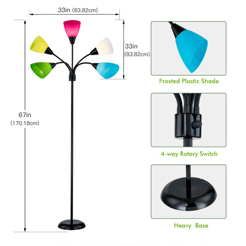 Medusa Modern Decor Floor Lamp, 5 Head Adjustable Gooseneck Lamps for Reading, Colorful Multiple Tall Standing Lamps for Living Room Bedroom Office Kids Classroom, Black, Bulbs Included