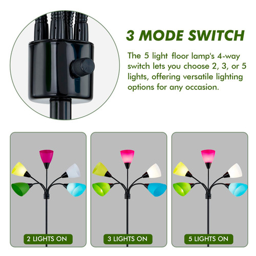 Medusa Modern Decor Floor Lamp, 5 Head Adjustable Gooseneck Lamps for Reading, Colorful Multiple Tall Standing Lamps for Living Room Bedroom Office Kids Classroom, Black, Bulbs Included