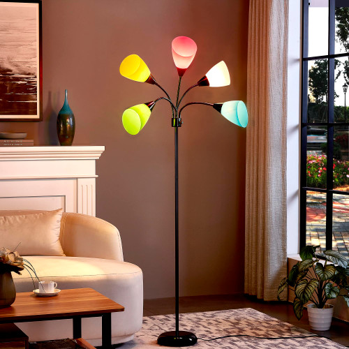 Medusa Modern Decor Floor Lamp, 5 Head Adjustable Gooseneck Lamps for Reading, Colorful Multiple Tall Standing Lamps for Living Room Bedroom Office Kids Classroom, Black, Bulbs Included
