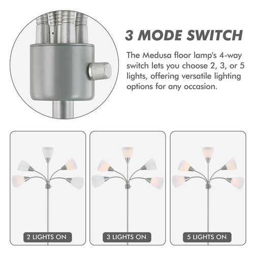 Medusa Modern Decor Floor Lamp, 5 Head Adjustable Gooseneck Lamps for Reading, White Shades Multiple Tall Standing Lamps for Living Room Bedroom Office Kids Classroom, Silver, Bulbs Included