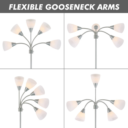Medusa Modern Decor Floor Lamp, 5 Head Adjustable Gooseneck Lamps for Reading, White Shades Multiple Tall Standing Lamps for Living Room Bedroom Office Kids Classroom, Silver, Bulbs Included