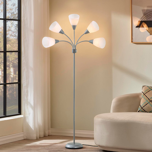 Medusa Modern Decor Floor Lamp, 5 Head Adjustable Gooseneck Lamps for Reading, White Shades Multiple Tall Standing Lamps for Living Room Bedroom Office Kids Classroom, Silver, Bulbs Included