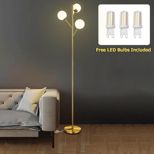 Mid Century Tree Floor Lamp with 3 Light Bulbs,70in Tall Standing Glod Floor Lamp with Frosted Glass Shade for Living Room,Office,Bedroom, Study Room, Hotel, Antique Brass Lighting