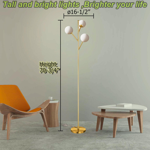 Mid Century Tree Floor Lamp with 3 Light Bulbs,70in Tall Standing Glod Floor Lamp with Frosted Glass Shade for Living Room,Office,Bedroom, Study Room, Hotel, Antique Brass Lighting