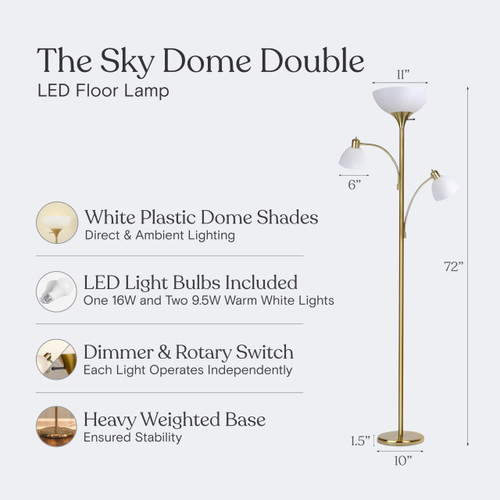 Sky Dome Double LED Floor lamp, Torchiere Super Bright Floor Lamp with 2 Reading Lamps for Living Rooms & Offices - Dimmable Tall Standing Lamp for Bedroom Reading - Tall Brass Pole