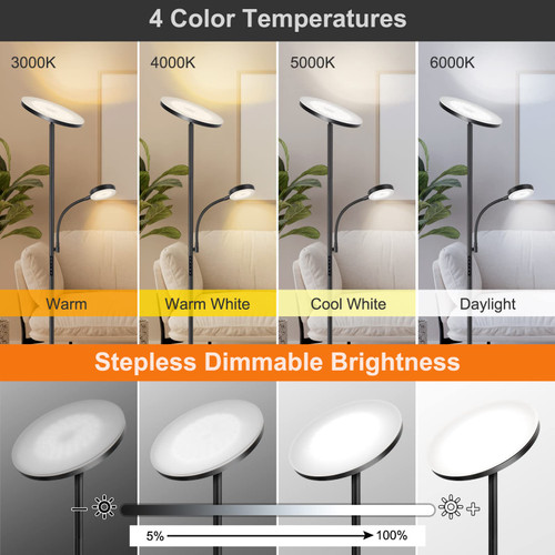 LED Floor Lamp, 27W/2400LM Modern Torchiere Lamp & 7W/ 400LM Reading Lamp, Bright Dimmable Standing Tall Lamp with 4 Color Temperature, Remote Touch Control for Living Room Bedroom Office, Black
