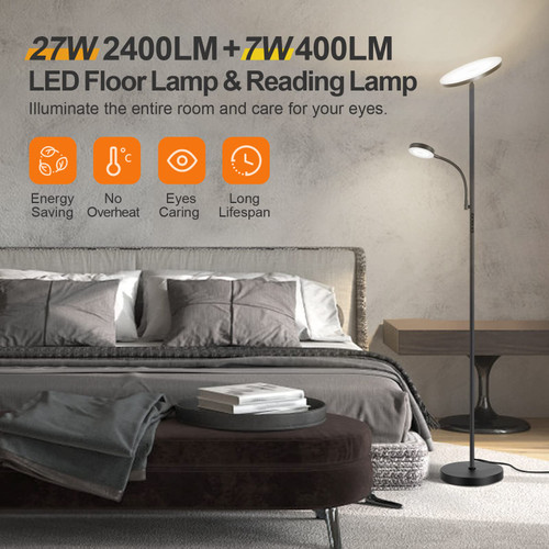 LED Floor Lamp, 27W/2400LM Modern Torchiere Lamp & 7W/ 400LM Reading Lamp, Bright Dimmable Standing Tall Lamp with 4 Color Temperature, Remote Touch Control for Living Room Bedroom Office, Black