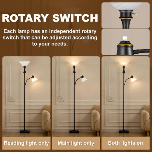 Floor Lamp with Adjustable Angle Reading Lamp-Black 71IN