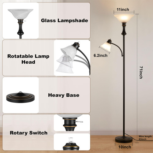Floor Lamp with Adjustable Angle Reading Lamp-Black 71IN