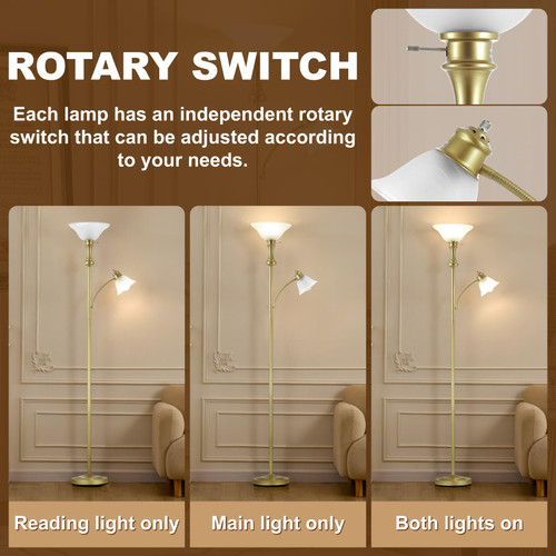 Glod Floor Lamp with Adjustable Angle Reading Lamp-71IN