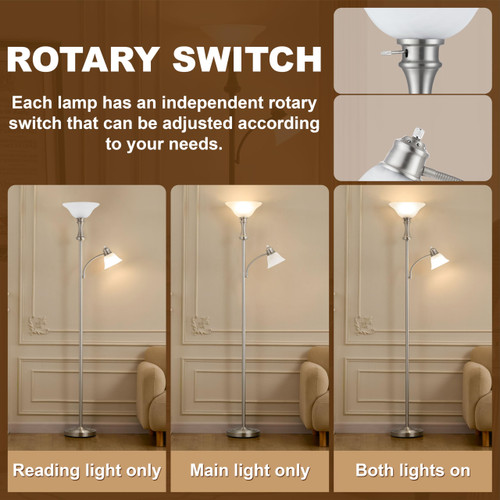 Silver Floor Lamp with Adjustable Angle Reading Lamp-71IN