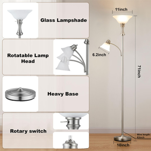 Silver Floor Lamp with Adjustable Angle Reading Lamp-71IN