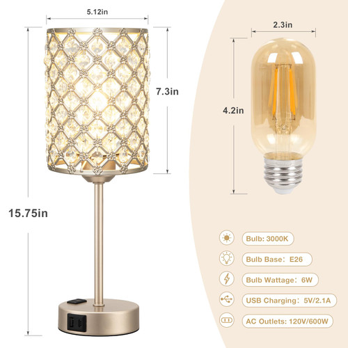 Gold Lamps for Night Stands, Crystal Table Lamp (Bulb Included)