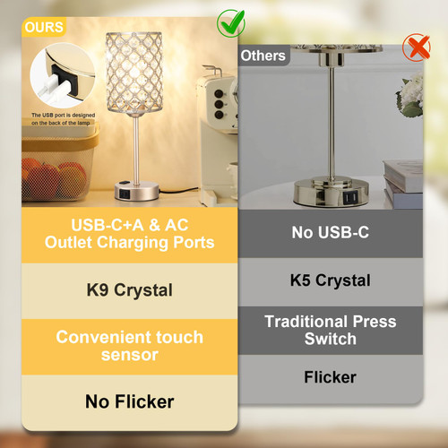 Gold Lamps for Night Stands, Crystal Table Lamp (Bulb Included)