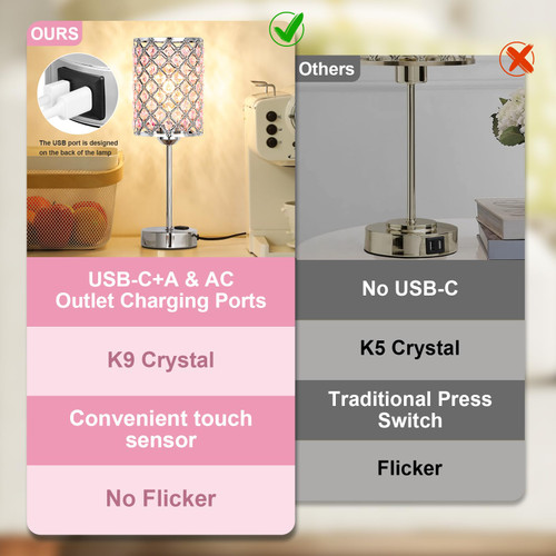 Pink Bedside Lamps for Night Stands, Crystal Table Lamp for Bedroom