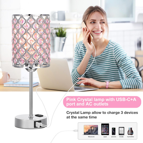 Pink Bedside Lamps for Night Stands, Crystal Table Lamp for Bedroom