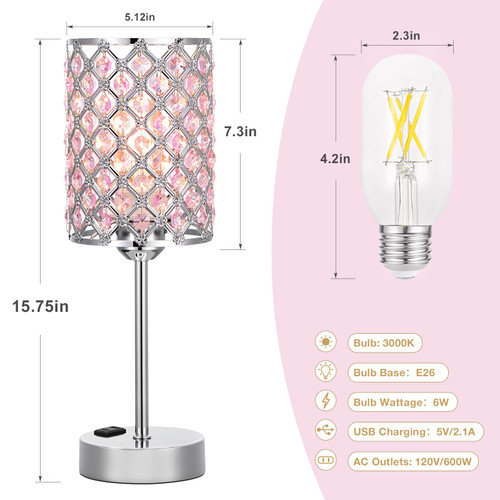 Pink Bedside Lamps for Night Stands, Crystal Table Lamp for Bedroom