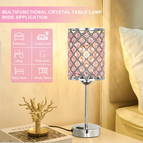 Pink Bedside Lamps for Night Stands, Crystal Table Lamp for Bedroom