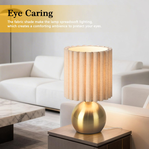 Gold Small Table Lamp with Scalloped Linen Shade, Mini Brass Gold Table Lamp for Bedroom Nightstand, Cute Desk Night Light for Living Room, Bookshelf, Kitchen Counter, Kids Room, Office
