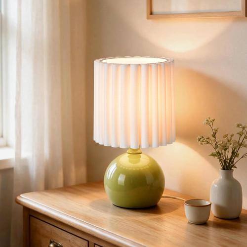 Green Small Table Lamp with Scalloped Linen Shade, Mini Green Table Lamp for Bedroom Nightstand, Cute Desk Night Light for Living Room, Bookshelf, Kitchen Counter, Kids Room, Office
