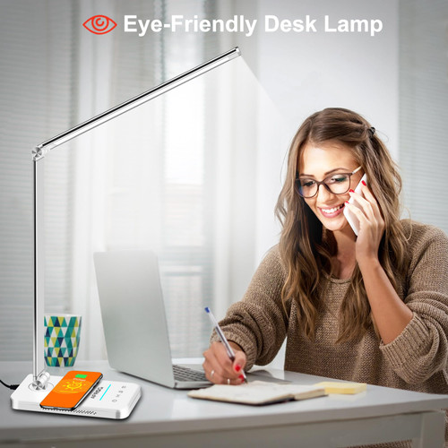 LED Desk Lamp with Wireless Charger, USB Charging Port, 5 Lighting Modes,5 Brightness Levels, Sensitive Control, 30/62 min Auto Timer, Eye-Caring Office Lamp with Adapter