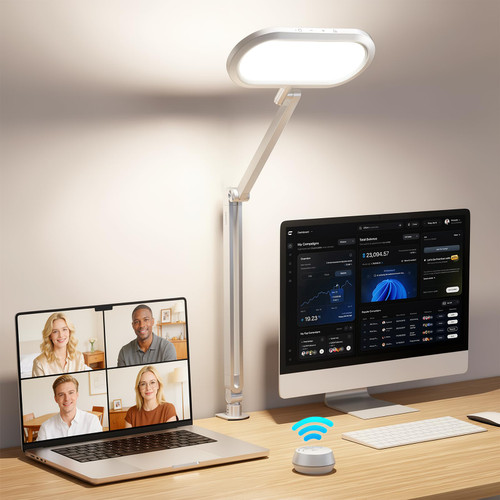 LED Desk Lamp with Clamp and Stepless Remote, Dual-Sided Soft Light