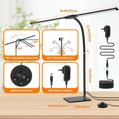 Desk Lamp for Home Office,Adjustable Double Head Desk Light with Base Black