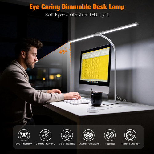Desk Lamp for Home Office,Adjustable Double Head Desk Light with Base White