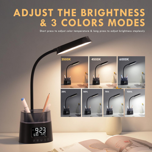 Led Desk Lamp with Pen Holder, Touch Lamps for Nightstand Eye-Caring Bedside Reading Light with Clock, Office Lamps Stepless Dimming, Lamp for Dorm Room, Suitable for Kid/Girl/Boy (Black)