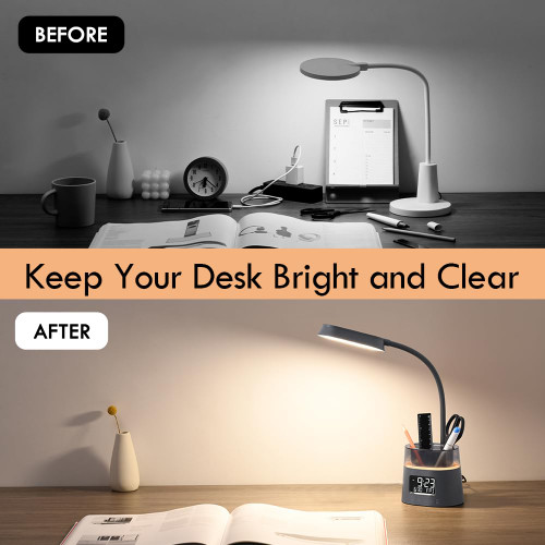Led Desk Lamp with Pen Holder, Touch Lamps for Nightstand Eye-Caring Bedside Reading Light with Clock, Office Lamps Stepless Dimming, Lamp for Dorm Room, Suitable for Kid/Girl/Boy (Gray)