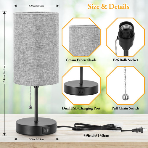 Modern Table Lamps Set of 2, Grey Fabric Shade and Black Metal Base for Living Room Bedroom Office Reading Dorm Hotel