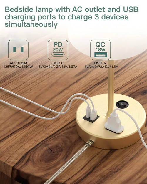 Bedroom Table Lamp, Bedside Lamp with AC Outlet and USB C Charging Ports(PD 20W), 3-Way Dimmable Lamp with Switch, Lamps with Shade for Night Stands, Living Room, Desk, and Home Office, 6.5Ft