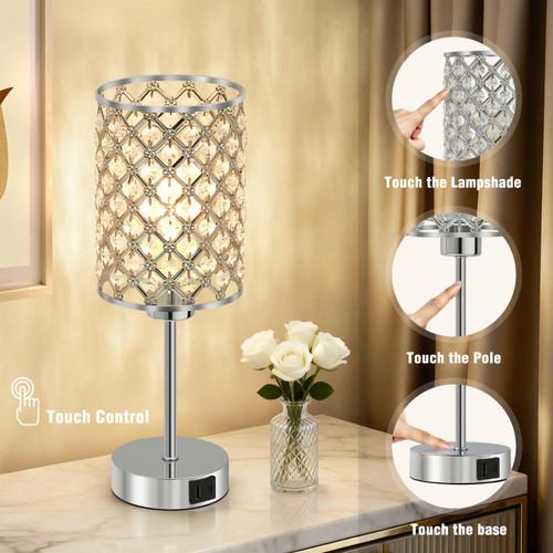 Crystal Table Lamp, Silver Touch Lamp with USB C+A Port, 3-Way Dimmable
